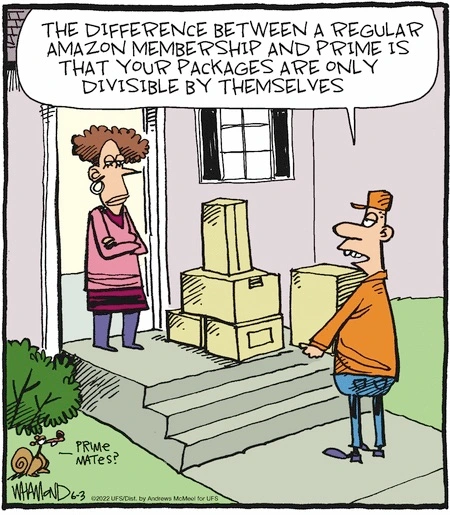 A delivery person putting packages on a dissatisfied woman's door explains, 'The difference between a regular membership and prime is that your packages are only divisible by themselves.'