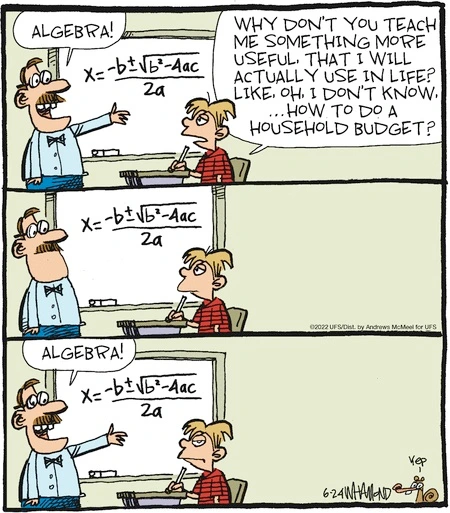 Teacher pointing to the quadratic formula on the whiteboard: 'Algebra!' Student: 'Why don't you teach me something more useful, that I will actually use in life? Like, oh, I don't know, how to do a household budget?' Silent panel. The teacher points to the quadratic formula again; 'Algebra!'