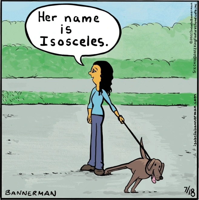 A woman explains of her dog, 'His name is Isosceles'. The dog has very long back legs and leans at a considerable angle, his legs making two legs of an isosceles triangle.